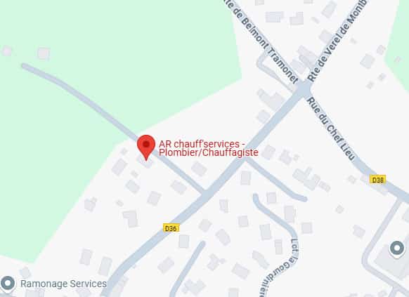 Localisation AR chauff'services Plombier/Chauffagiste sur carte routière. Pin rouge indiquant le lieu près des rues Chef Lieu, Belmont Tramonet, D36.