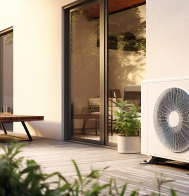 Patio ensoleillé avec porte coulissante, climatiseur extérieur blanc, banc bois et plantes.