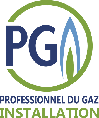 Logo PG Professionnel du Gaz Installation, avec symbole flamme bleue et verte dans ovale vert.