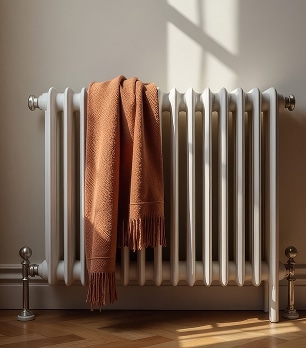 Radiateur blanc en fonte décoratif avec une couverture orange douce posée dessus. Lumière du soleil intense créant des ombres.