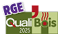 Logo RGE Quali Bois 2025. Certification pour travaux d'installation d'appareils de chauffage au bois, avec flamme stylisée.